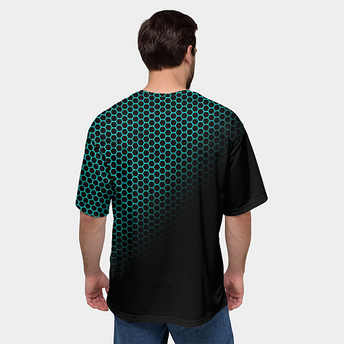 Мужская футболка оверсайз Неоновые соты чёрно-бирюзовый / 3D-принт – фото 4