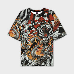 Футболка оверсайз мужская Самурай дракон и тигр, цвет: 3D-принт