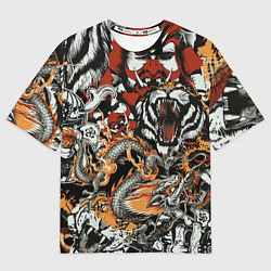 Футболка оверсайз мужская Самурай дракон и тигр, цвет: 3D-принт