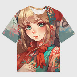 Футболка оверсайз мужская Русская девушка в аниме стиле в платке и с плюшево, цвет: 3D-принт