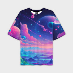 Мужская футболка оверсайз Fantastic space landscape - neon glow