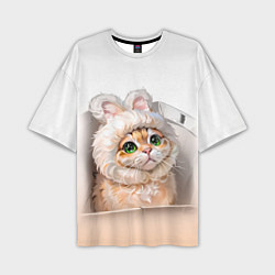 Мужская футболка оверсайз Милый кот-мем в шапке с ушками - бежевый градиент