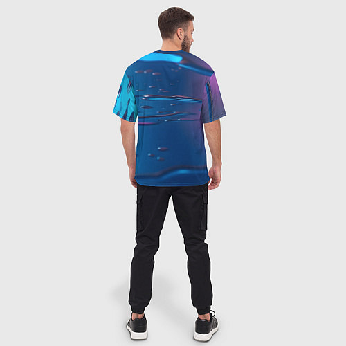 Мужская футболка оверсайз Неоновая поверхность синяя с каплями воды / 3D-принт – фото 4