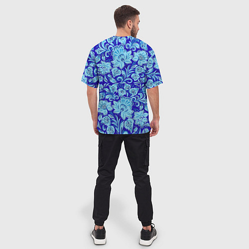 Мужская футболка оверсайз Узоры гжель на темно синем фоне / 3D-принт – фото 4