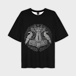 Мужская футболка оверсайз Вороны и символ молот тора - мьёльнир