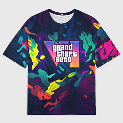 Мужская футболка оверсайз GTA 6 logo яркий неоновый камуфляжный стиль