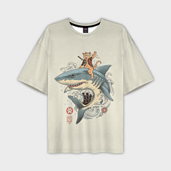 Мужская футболка оверсайз Кот якудза верхом на акуле