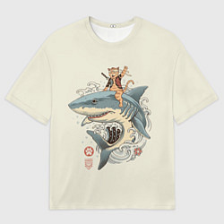 Футболка оверсайз мужская Кот якудза верхом на акуле, цвет: 3D-принт