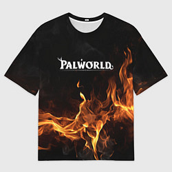 Мужская футболка оверсайз Palworld логотип на черном фоне с огнем
