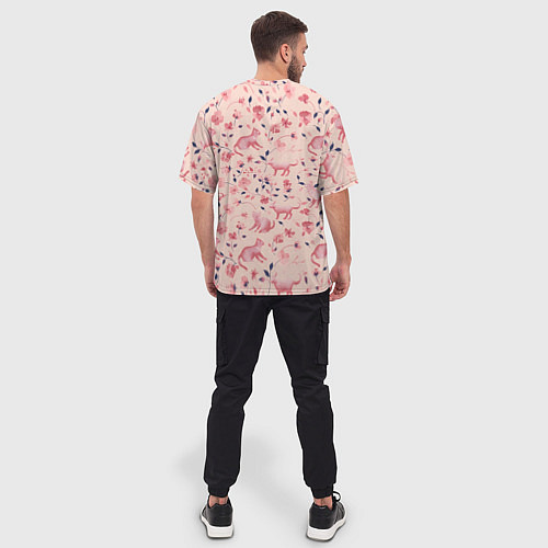 Мужская футболка оверсайз Розовый паттерн с цветами и котиками / 3D-принт – фото 4