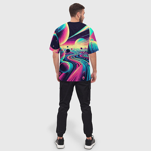 Мужская футболка оверсайз Неоновый космос - нейросеть / 3D-принт – фото 4