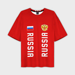 Футболка оверсайз мужская Россия три полоски на красном фоне, цвет: 3D-принт