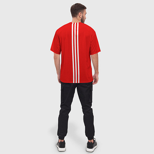 Мужская футболка оверсайз Россия три полоски на красном фоне / 3D-принт – фото 4