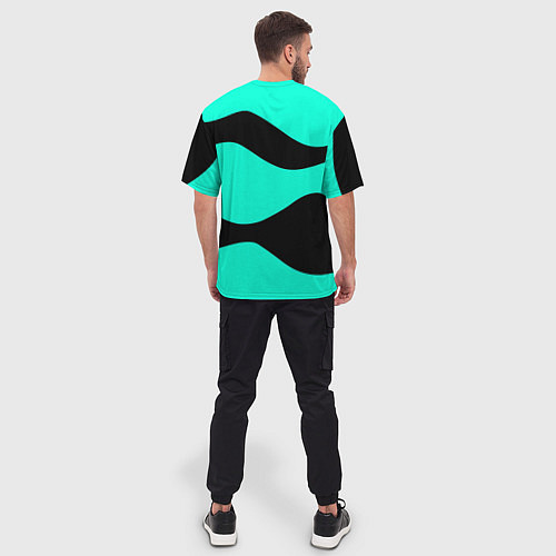 Мужская футболка оверсайз Бирюзовый в чёрные волнистые полосы абстракция / 3D-принт – фото 4