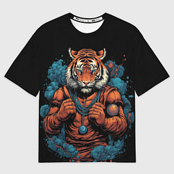 Мужская футболка оверсайз Муай - Тай тигр в стойке боевые искусства
