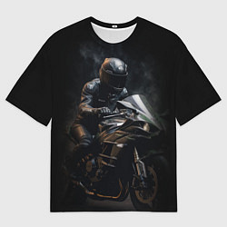 Мужская футболка оверсайз Мотоциклист на спортивном байке черный фон