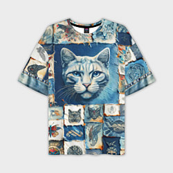 Мужская футболка оверсайз Кошка на дениме - пэчворк