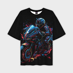 Мужская футболка оверсайз Мотоцикл будущего в стиле киберпанк