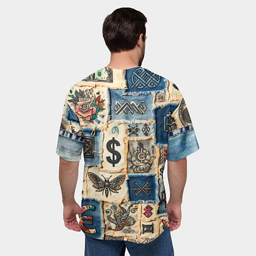 Мужская футболка оверсайз Баксы и девушки на дениме - пэчворк / 3D-принт – фото 4