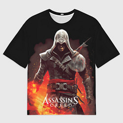 Мужская футболка оверсайз Assassins creed огненный фон вокруг