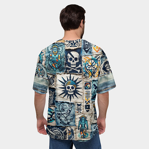 Мужская футболка оверсайз Пэчворк деним с пиратами / 3D-принт – фото 4