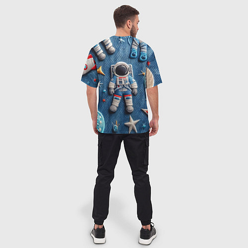 Мужская футболка оверсайз Космонавт - вышивка по джинсе нейросеть / 3D-принт – фото 4