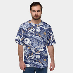 Футболка оверсайз мужская Рыба карп - синий корейский узор, цвет: 3D-принт — фото 2