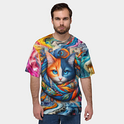 Футболка оверсайз мужская Прикольный котейка в шарфике - нейросеть, цвет: 3D-принт — фото 2
