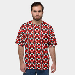 Футболка оверсайз мужская Чёрно-белые ромбы и круги на красном фоне, цвет: 3D-принт — фото 2