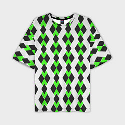 Футболка оверсайз мужская Чёрные и зелёные ромбы на белом фоне, цвет: 3D-принт