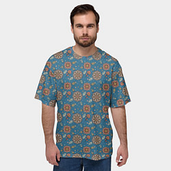 Футболка оверсайз мужская Цветочный узор в стиле бохо на синем, цвет: 3D-принт — фото 2