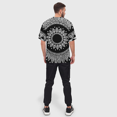 Мужская футболка оверсайз Мандала черно-белая с лепестками / 3D-принт – фото 4