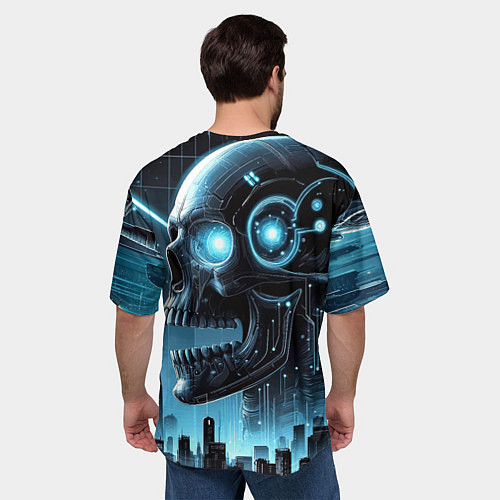 Мужская футболка оверсайз Cyberpunk skull - metropolis neon glow / 3D-принт – фото 4