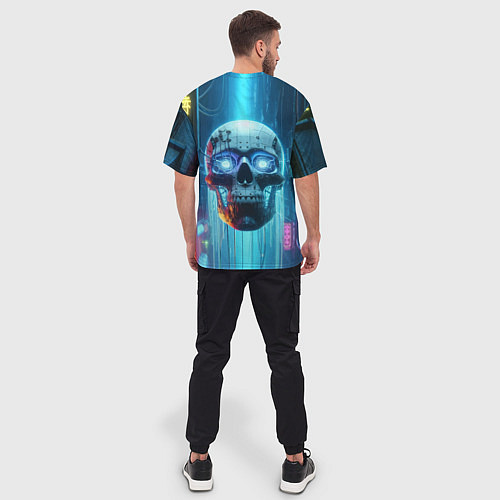 Мужская футболка оверсайз Cyber skull - neon glow ai art / 3D-принт – фото 4
