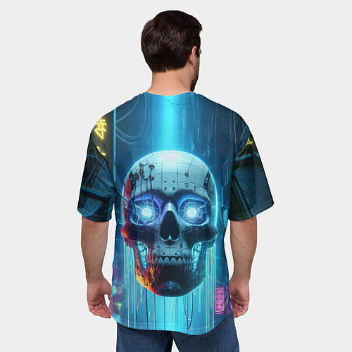 Мужская футболка оверсайз Cyber skull - neon glow ai art / 3D-принт – фото 4