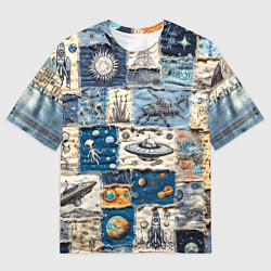 Футболка оверсайз мужская Джинсовый пэчворк с пришельцами, цвет: 3D-принт