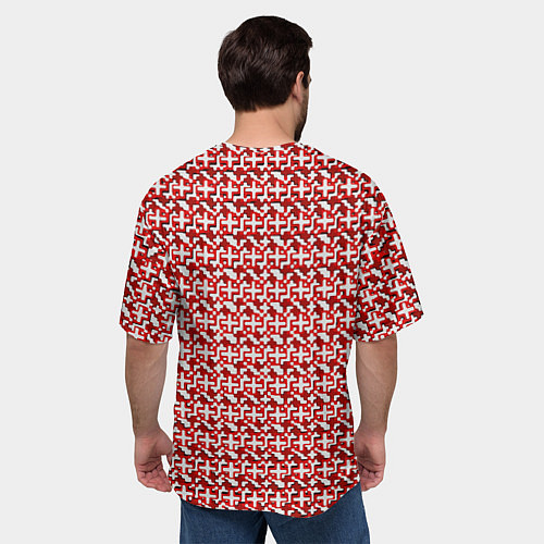 Мужская футболка оверсайз Белые плюсики на красном фоне / 3D-принт – фото 4