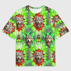 Мужская футболка оверсайз Волки из зеленого паттерна