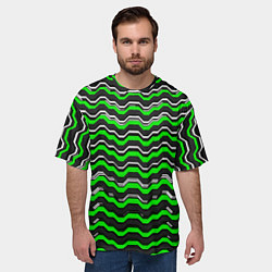 Футболка оверсайз мужская Белые и зелёные полосы на чёрном фоне, цвет: 3D-принт — фото 2
