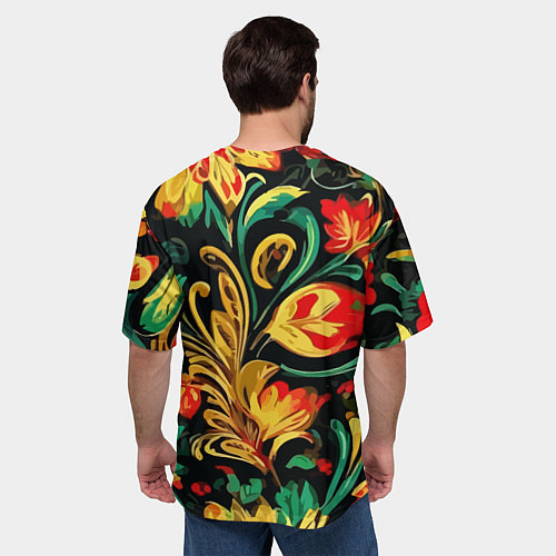 Мужская футболка оверсайз Хохлома акварель / 3D-принт – фото 4