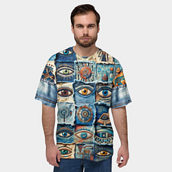 Футболка оверсайз мужская Глаза на джинсах пэчворк, цвет: 3D-принт — фото 2