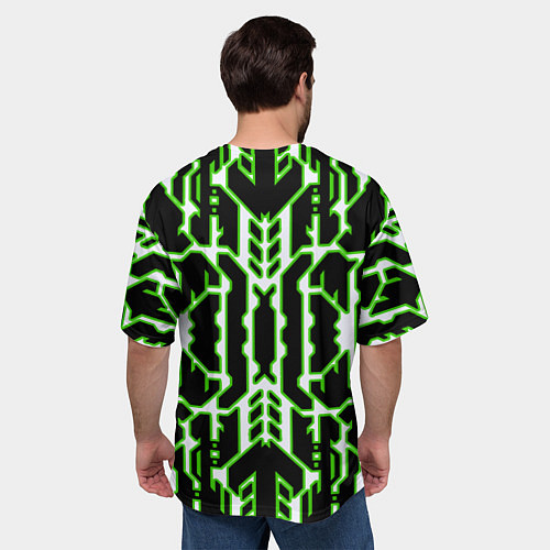 Мужская футболка оверсайз Техно белые линии с зелёной обводкой на чёрном фон / 3D-принт – фото 4