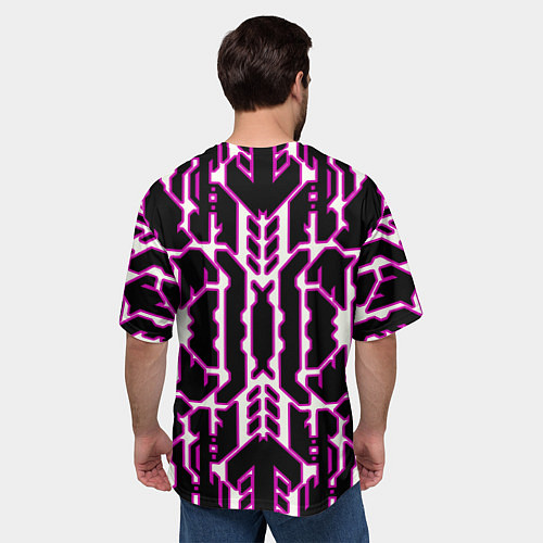 Мужская футболка оверсайз Техно белые линии с розовой обводкой на чёрном фон / 3D-принт – фото 4