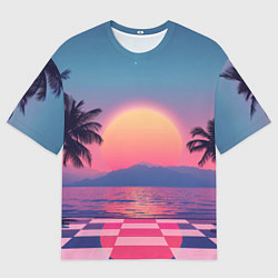 Футболка оверсайз мужская Пальмы на шахматном полу с видом на закат, цвет: 3D-принт