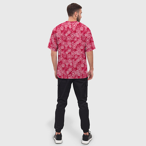 Мужская футболка оверсайз Красно-белый цветочный узор ретро / 3D-принт – фото 4