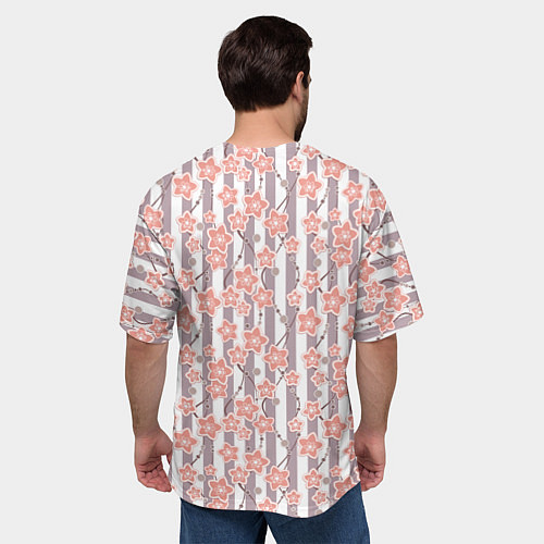 Мужская футболка оверсайз Коралловые цветы на полосатом фоне / 3D-принт – фото 4