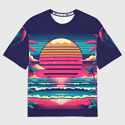 Футболка оверсайз мужская Закат на пляже vaporwave, цвет: 3D-принт