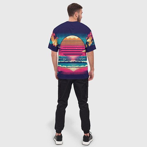 Мужская футболка оверсайз Закат на пляже vaporwave / 3D-принт – фото 4