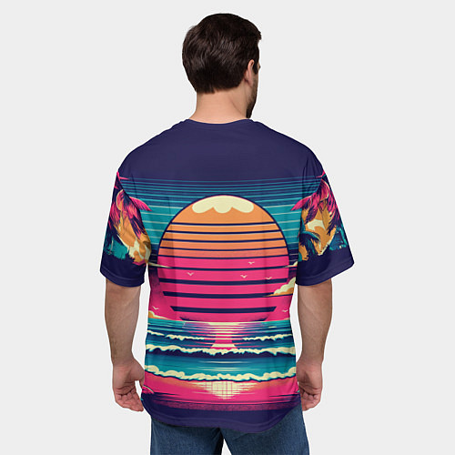Мужская футболка оверсайз Закат на пляже vaporwave / 3D-принт – фото 4