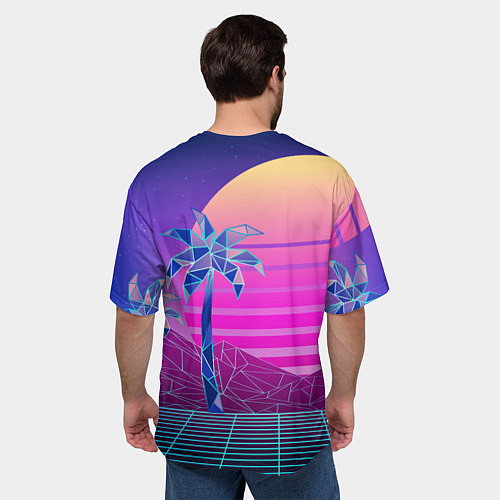 Мужская футболка оверсайз Vaporwave неоновые горы и пальмы / 3D-принт – фото 4